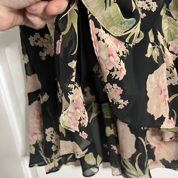 Chaps Woman’s Retro Black Pink Floral Ruffle High Low Midi Skirt- Size 10 - Picture 7 of 9